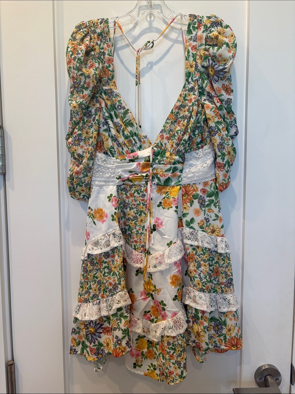 For Love And Lemons Floral Lace-Trim Mini Dress in White, Yellow, Green, Pink